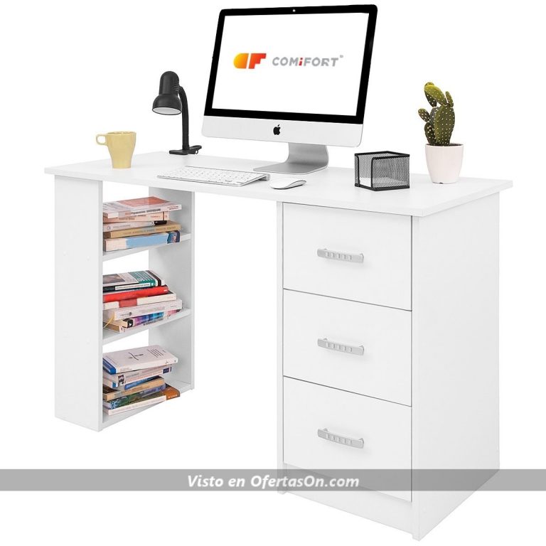 Mesa de escritorio con cajones y estantes Comifort T04B 120x49x72 Cm, Color Blanco